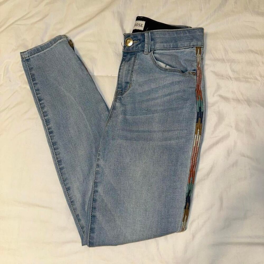 Knox Rose Sz 2 Light Wash High-Rise Skinny Jeans Rainbow Side Stripe Embroidered - Picture 3 of 3